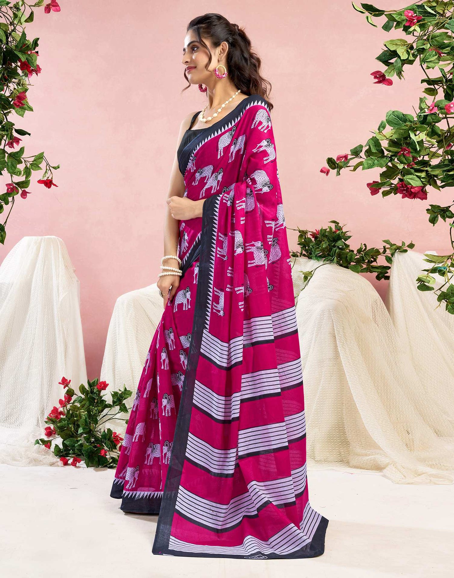 Pink Cotton Printed Saree