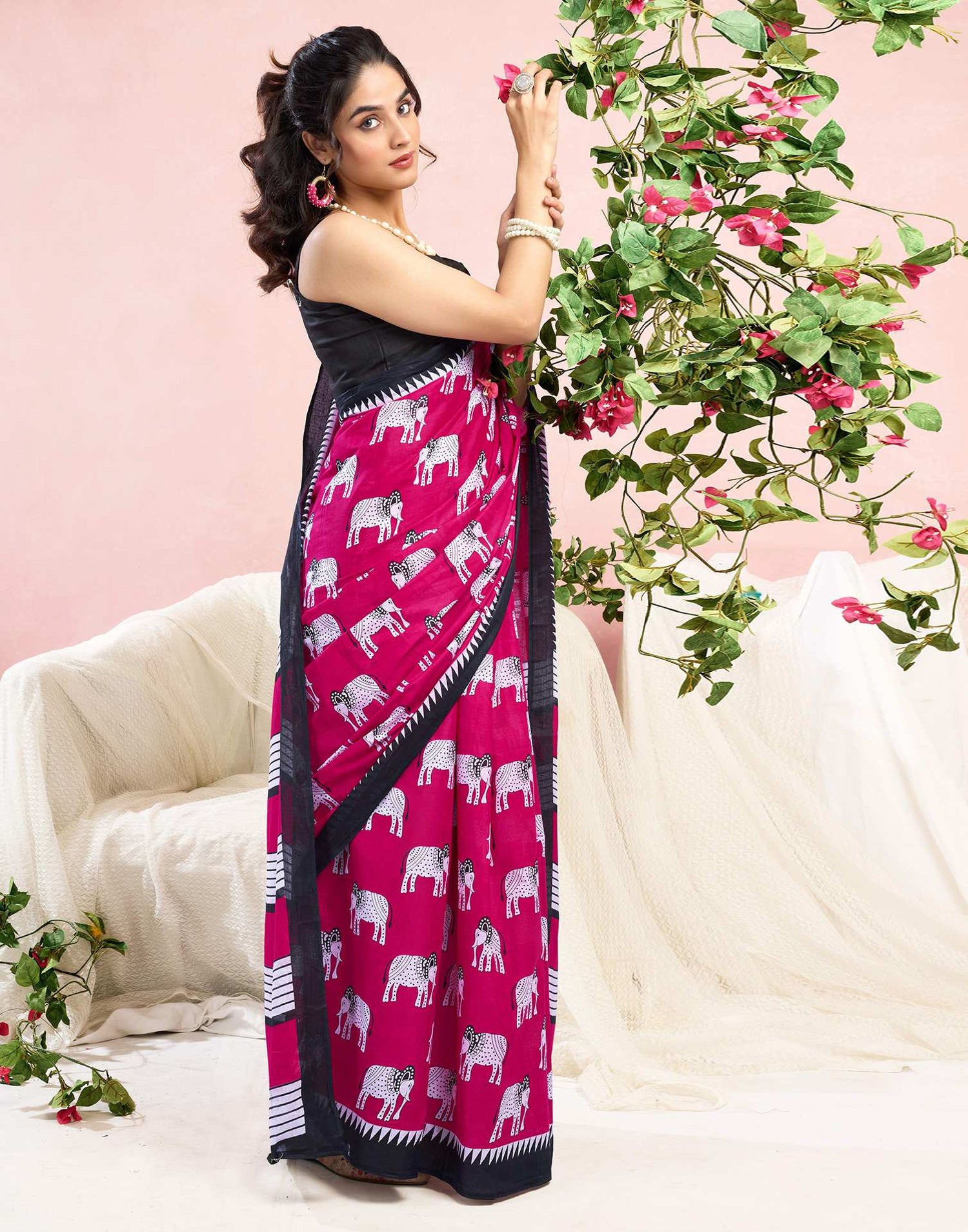 Pink Cotton Printed Saree