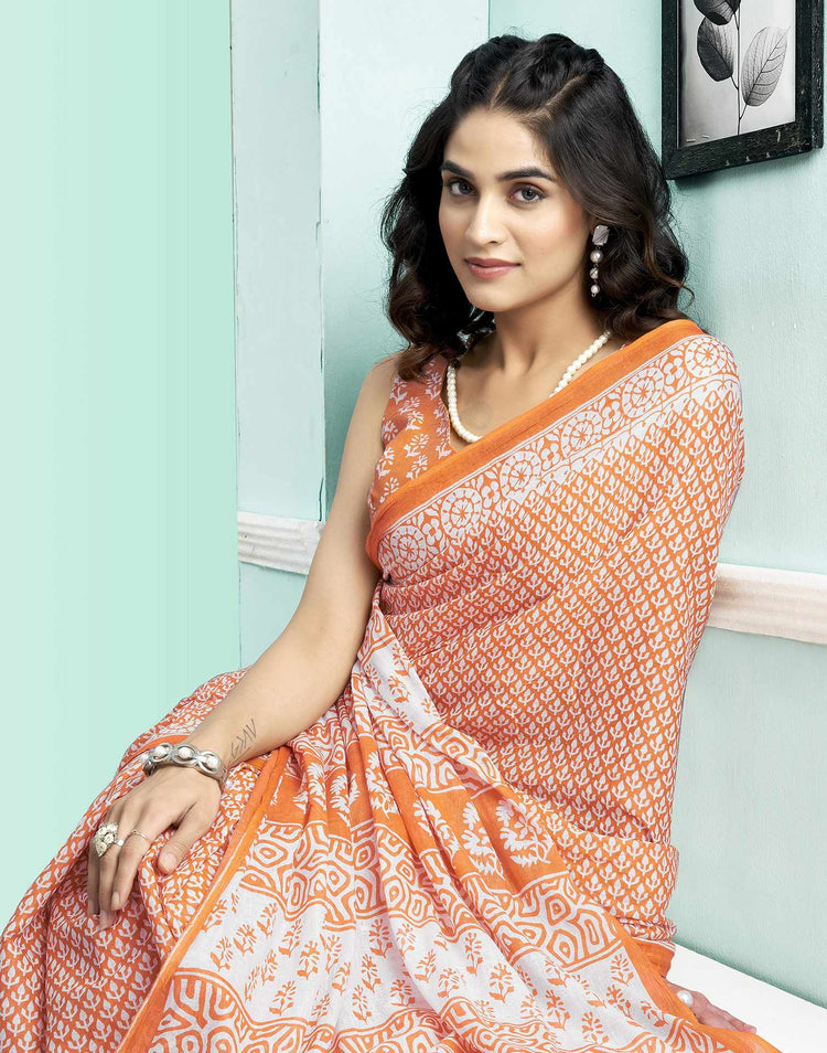 Orange Cotton Printed Saree
