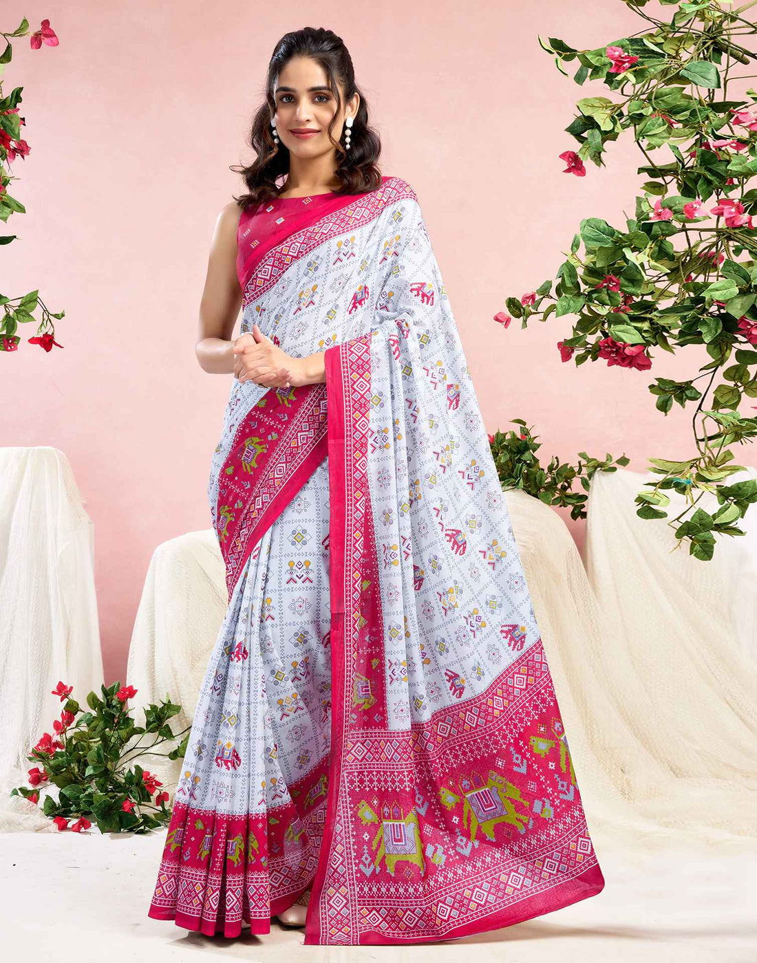 White Cotton Printed Saree
