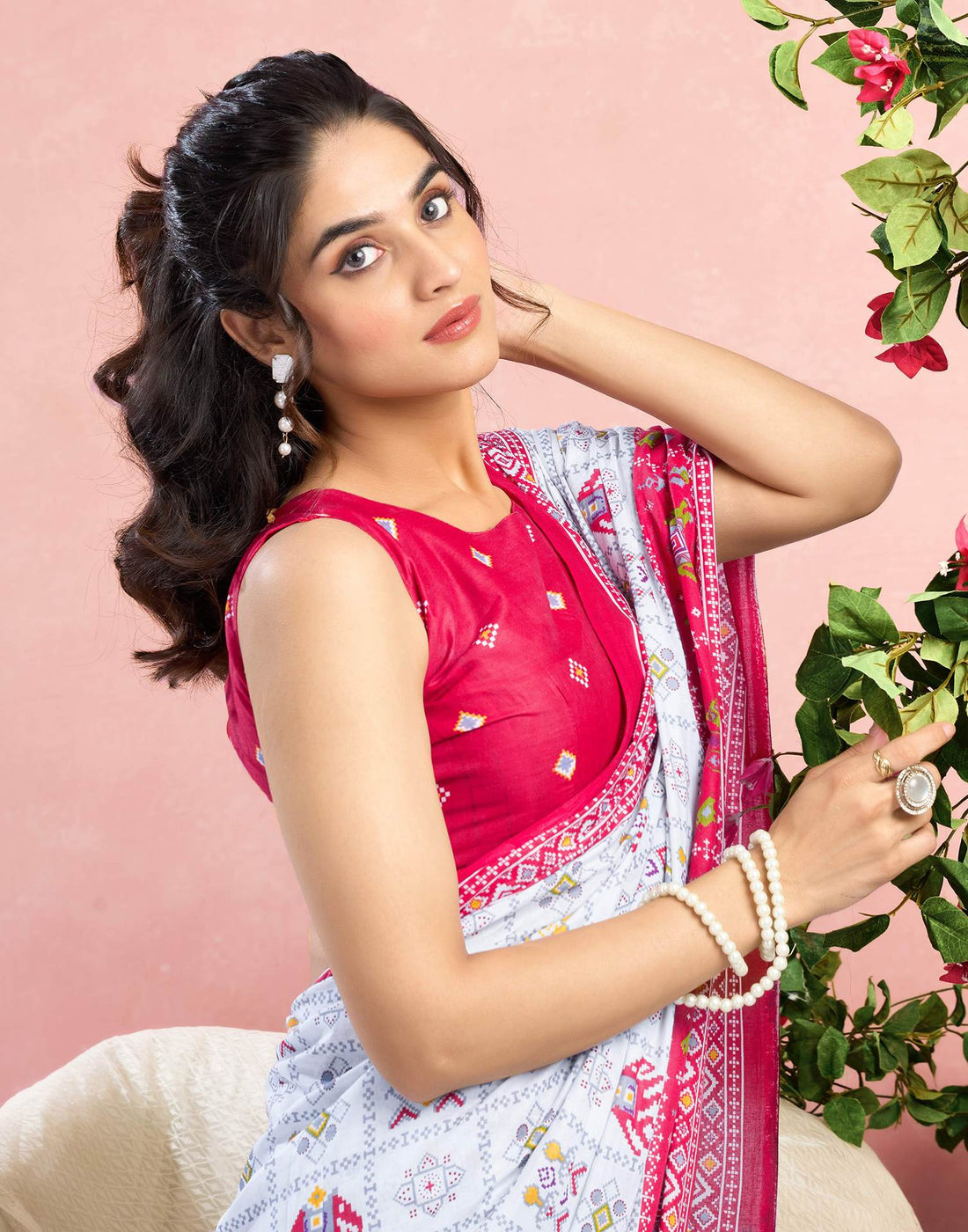 White Cotton Printed Saree