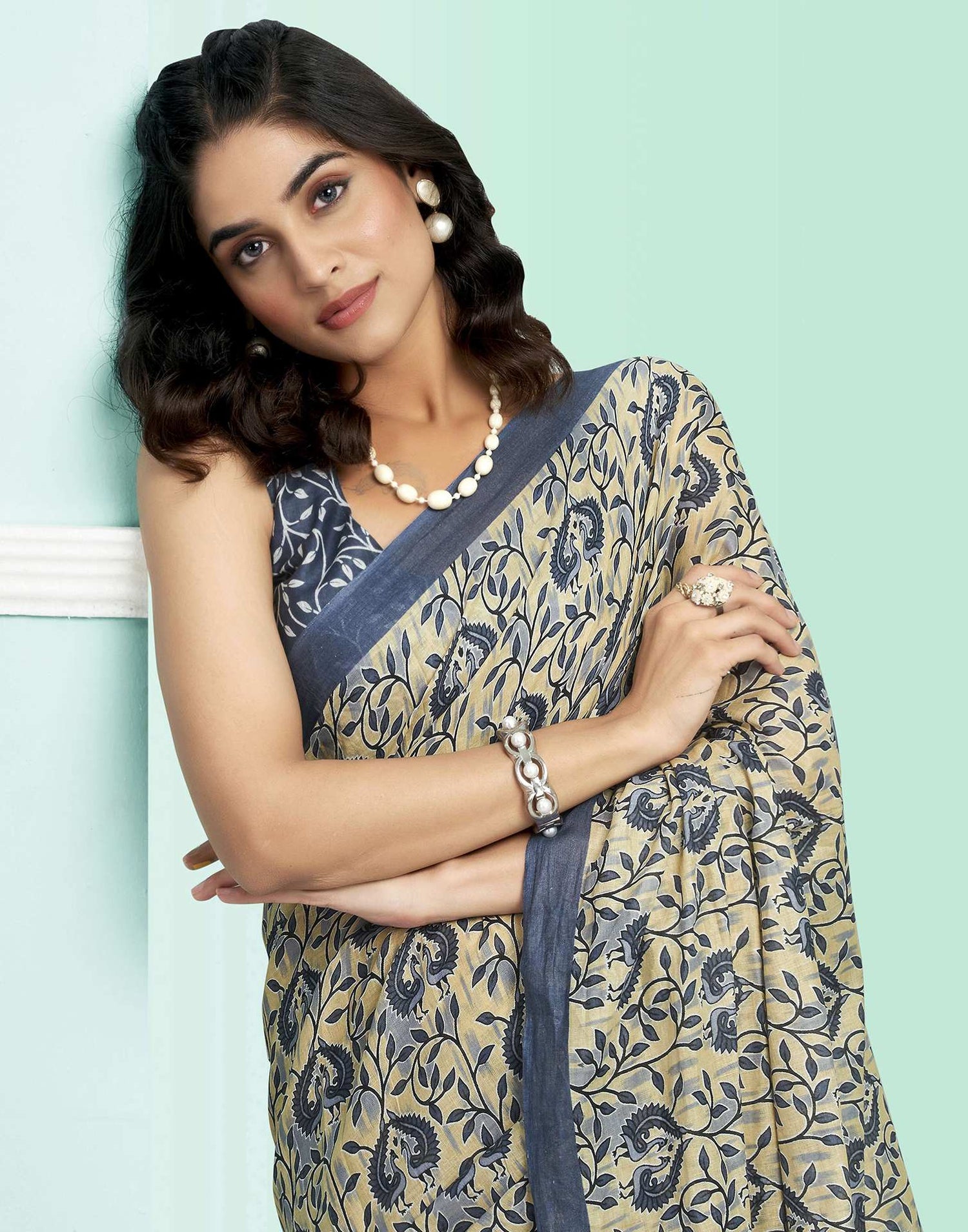 Grey Cotton Printed Saree