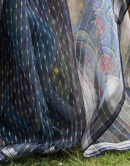 Navy Blue Organza Floral Printed Saree