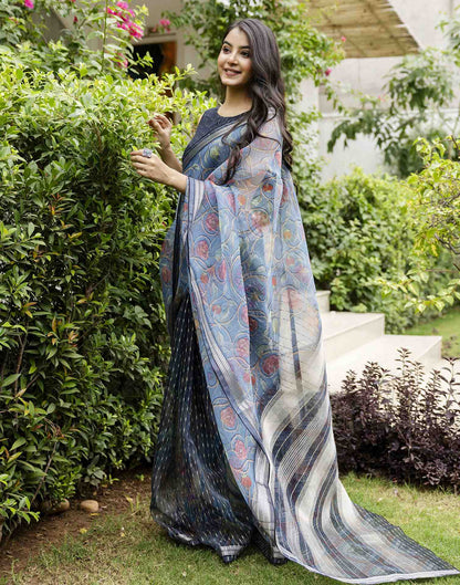Navy Blue Organza Floral Printed Saree