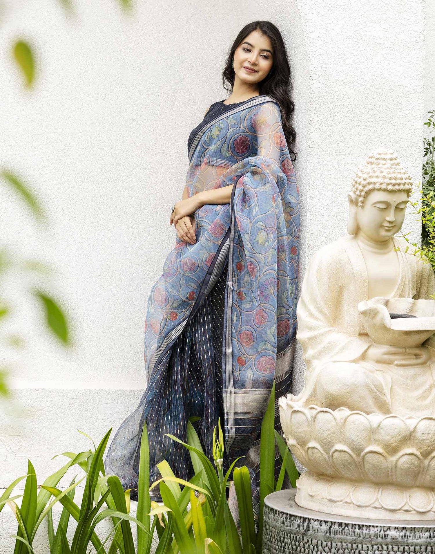 Navy Blue Organza Floral Printed Saree