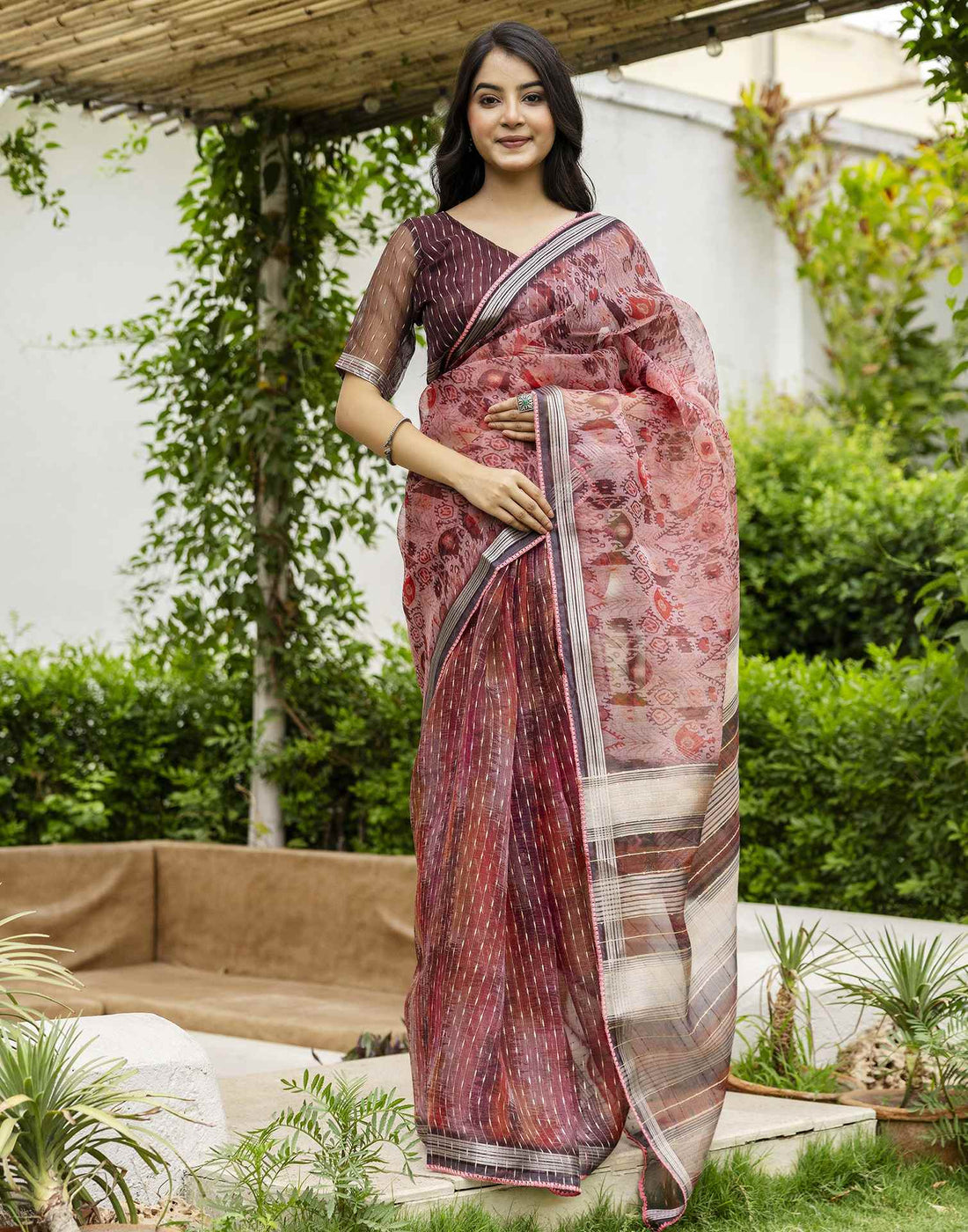 Dusty Peach Organza Printed Saree