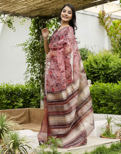 Dusty Peach Organza Printed Saree