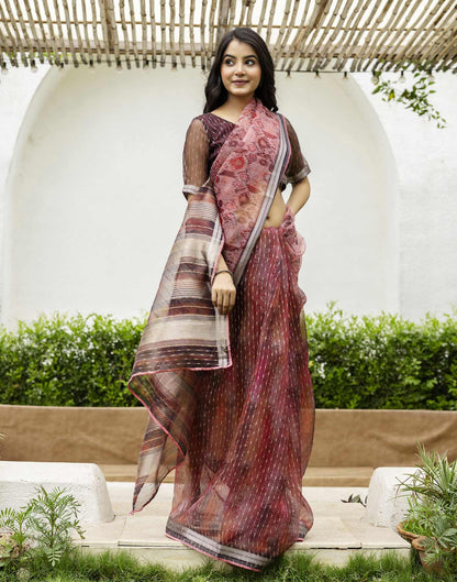 Dusty Peach Organza Printed Saree