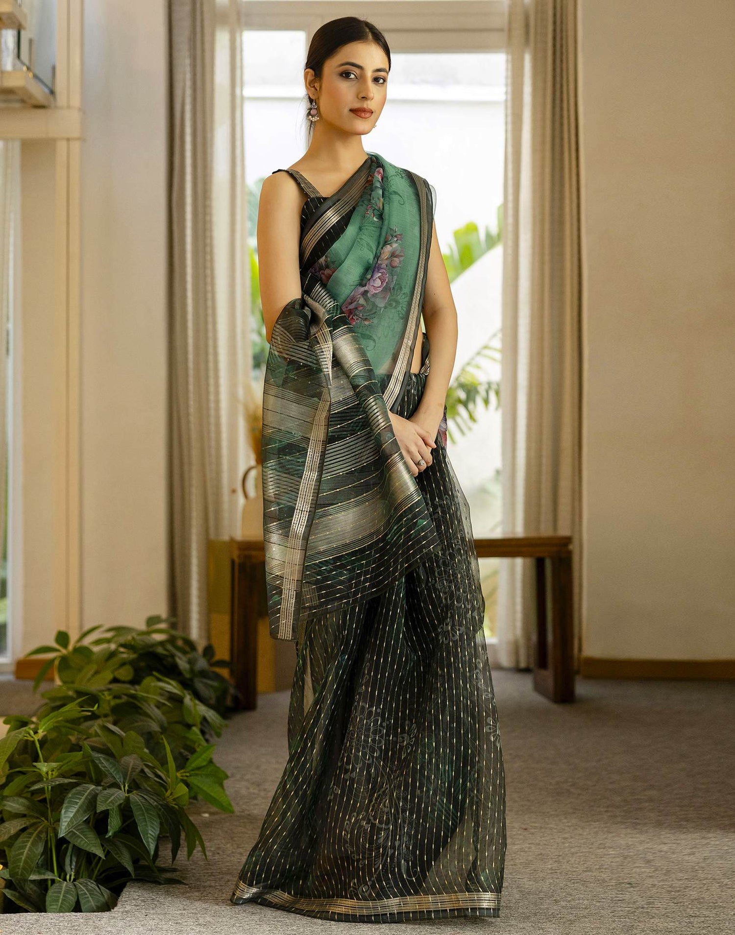 Dark Green Organza Floral Printed Saree