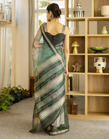 Dark Green Organza Floral Printed Saree