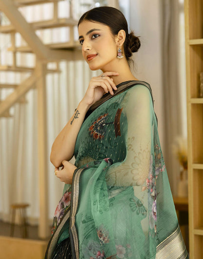 Dark Green Organza Floral Printed Saree