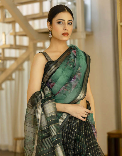 Dark Green Organza Floral Printed Saree
