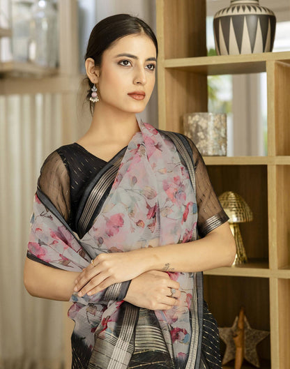Black Organza Floral Printed Saree