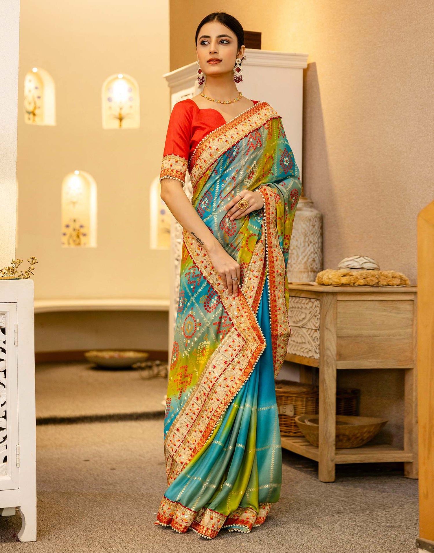 Teal Blue Silk Printed Bandhani Saree
