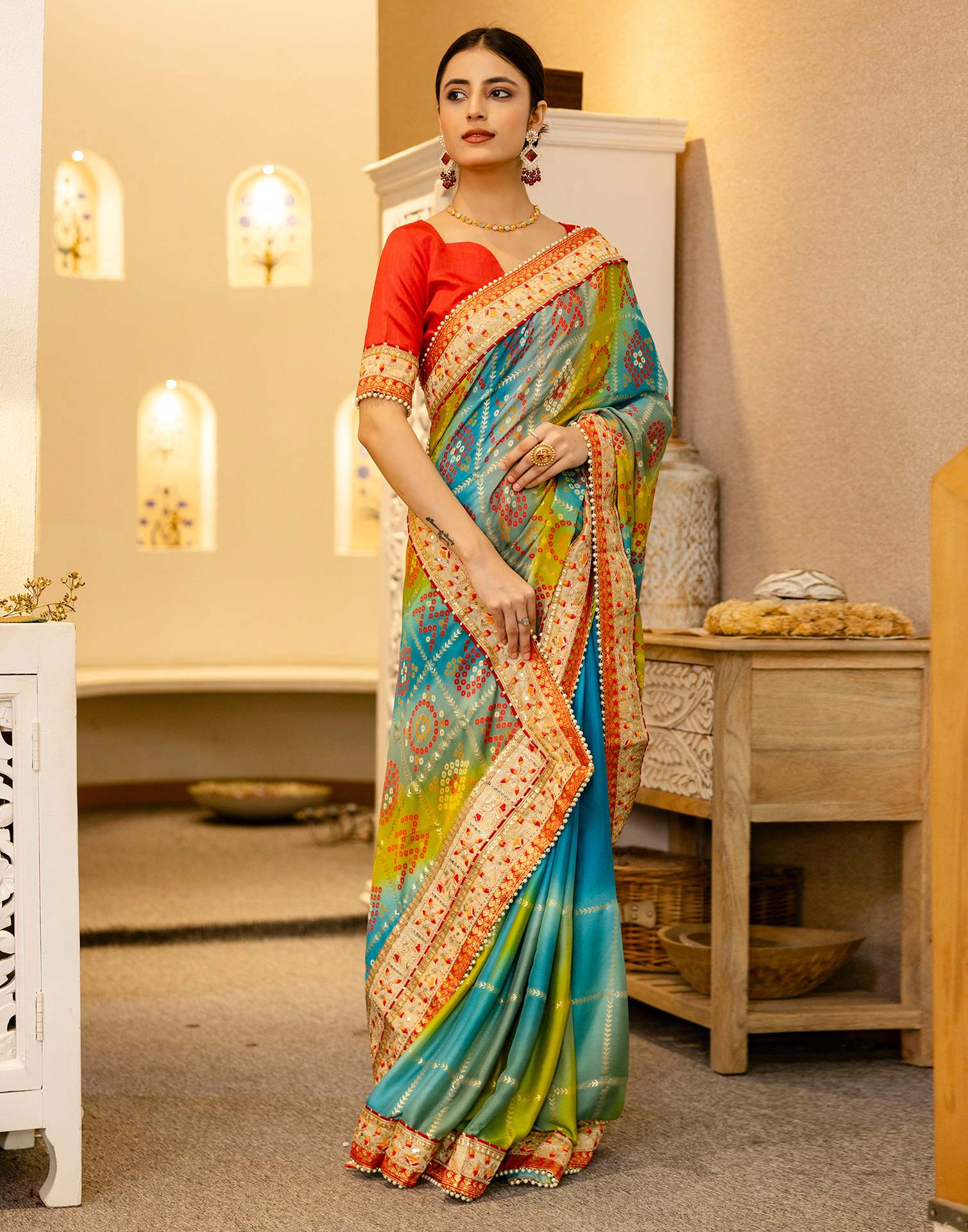 Teal Blue Silk Printed Bandhani Saree