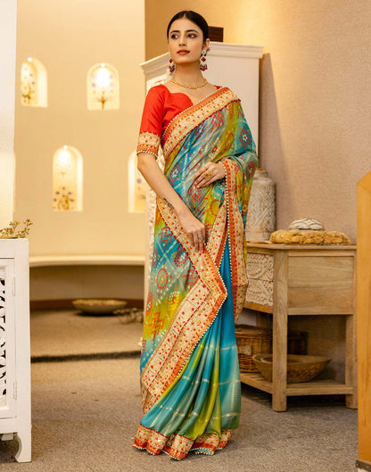 Teal Blue Silk Printed Bandhani Saree
