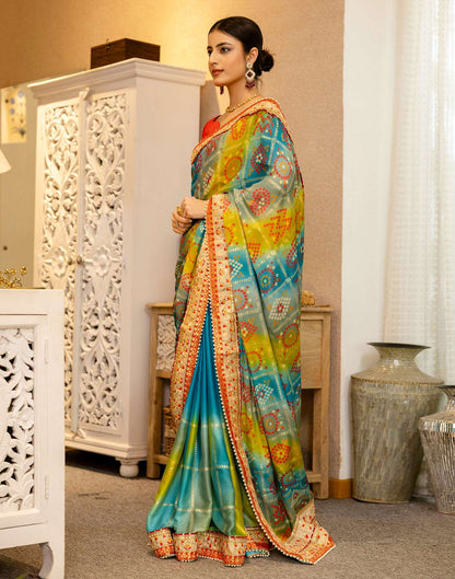 Teal Blue Silk Printed Bandhani Saree