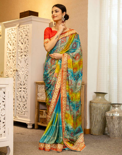 Teal Blue Silk Printed Bandhani Saree