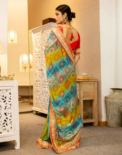Teal Blue Silk Printed Bandhani Saree