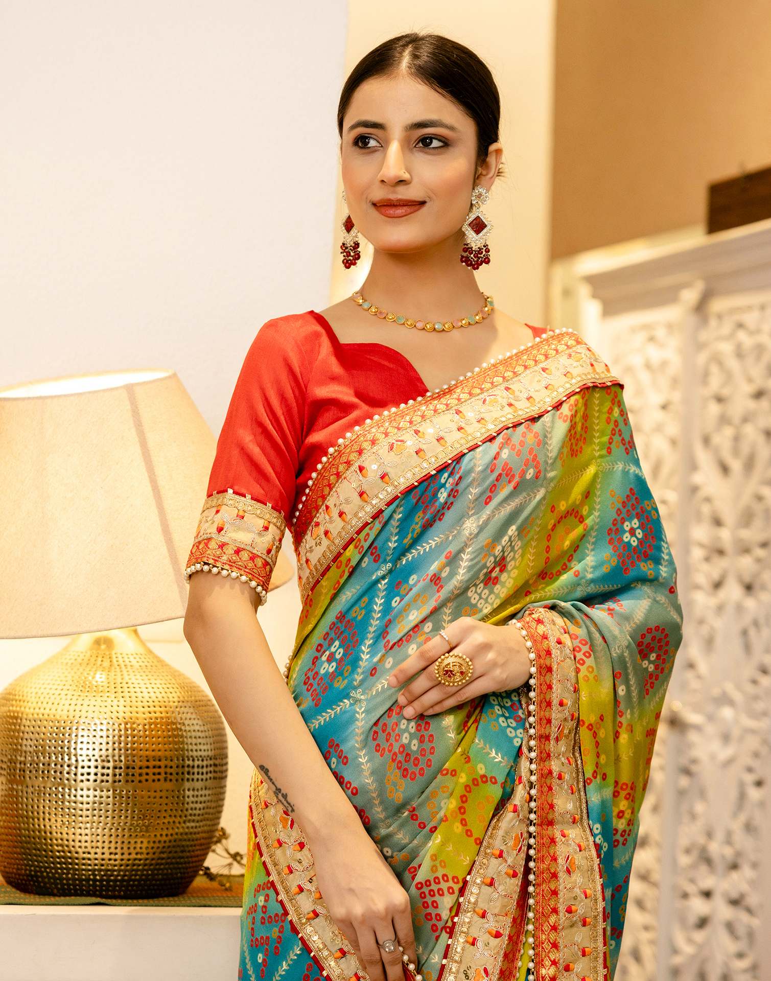 Teal Blue Silk Printed Bandhani Saree