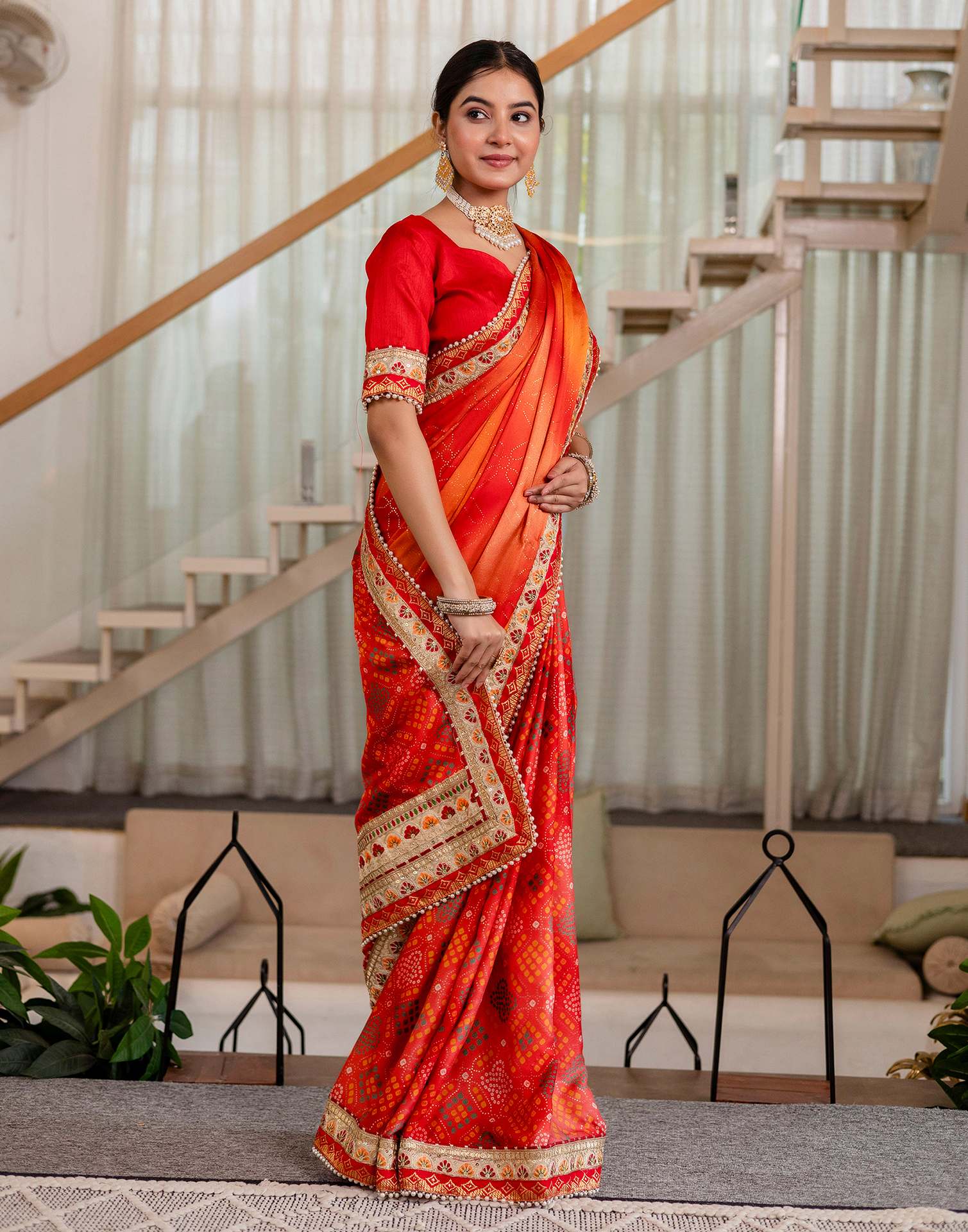 Red Silk Printed Bandhani Saree
