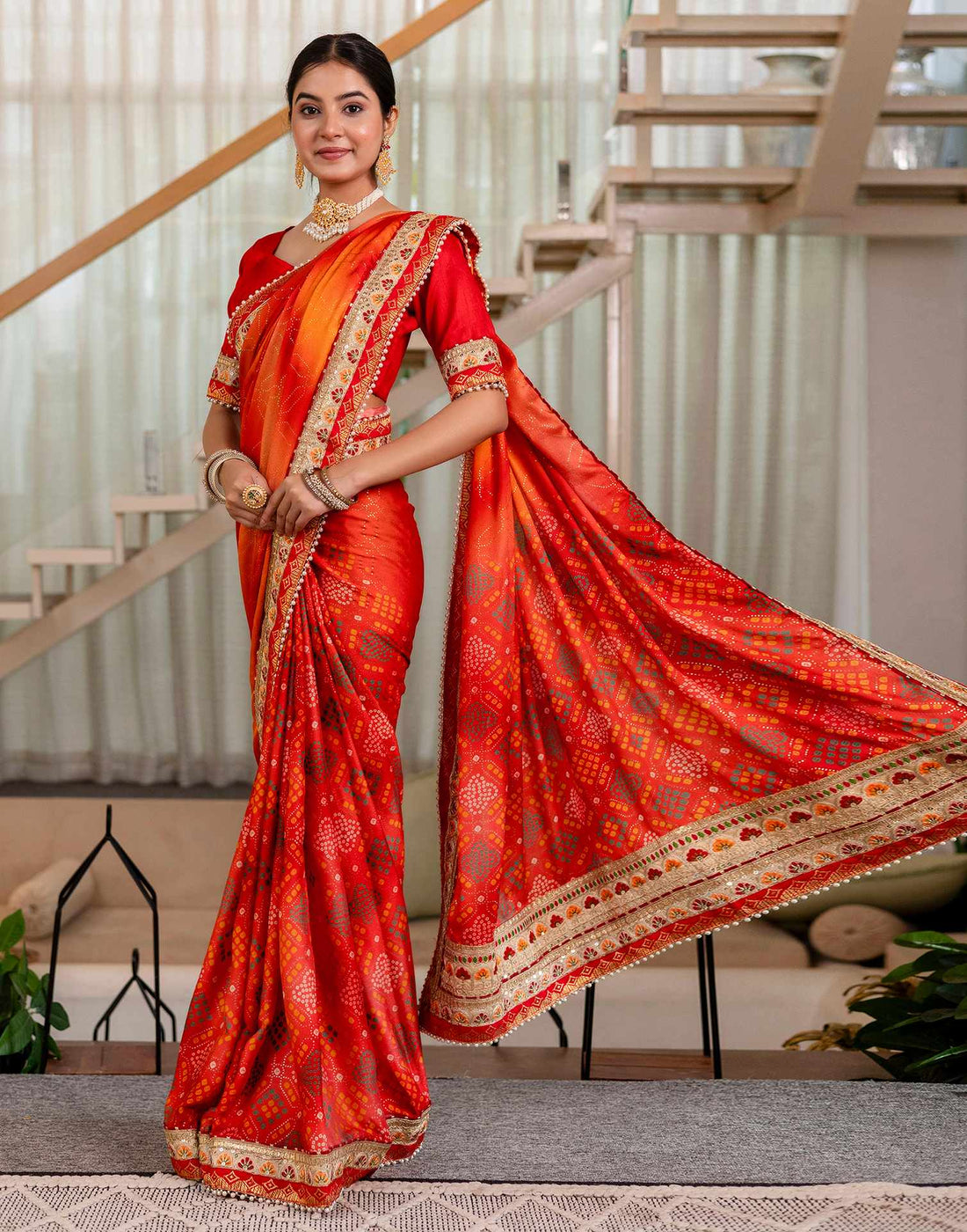Red Silk Printed Bandhani Saree