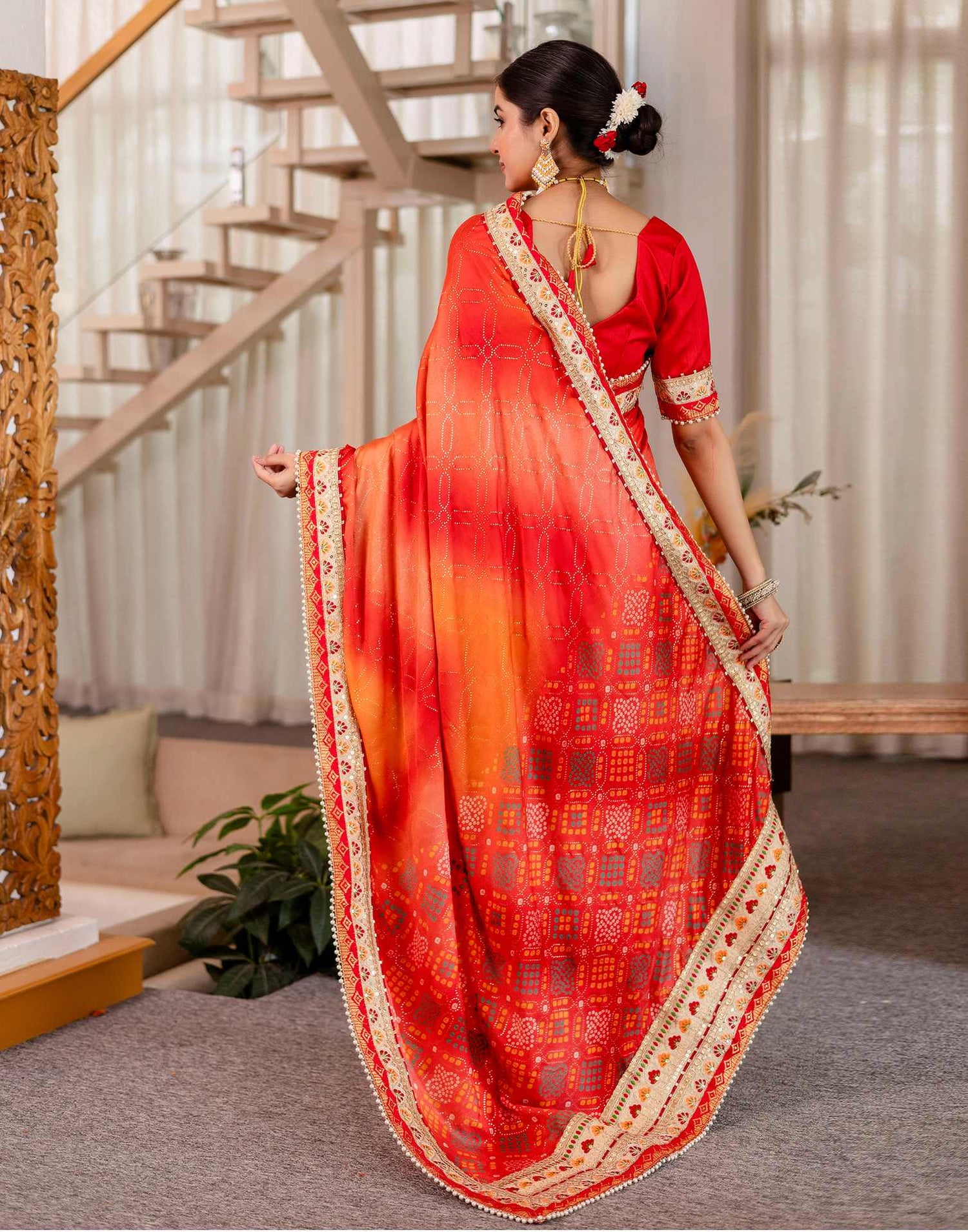 Red Silk Printed Bandhani Saree