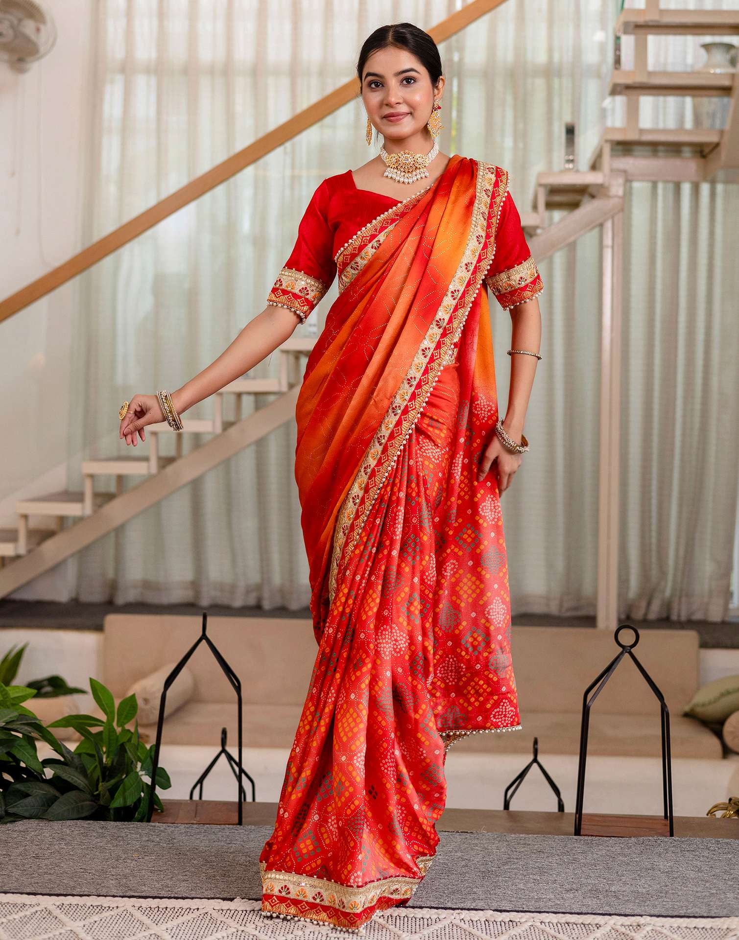 Red Silk Printed Bandhani Saree