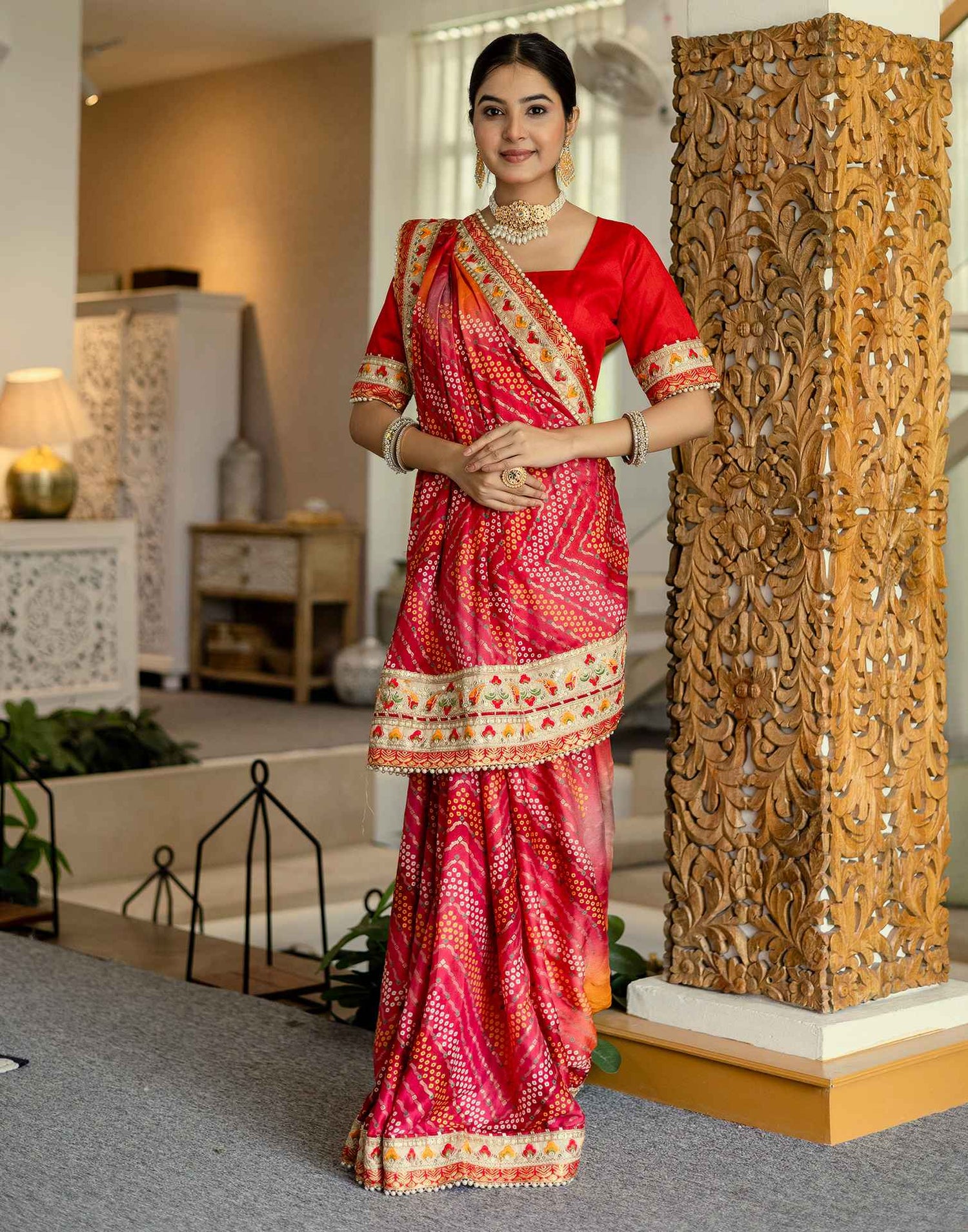 Orange Silk Printed Bandhani Saree