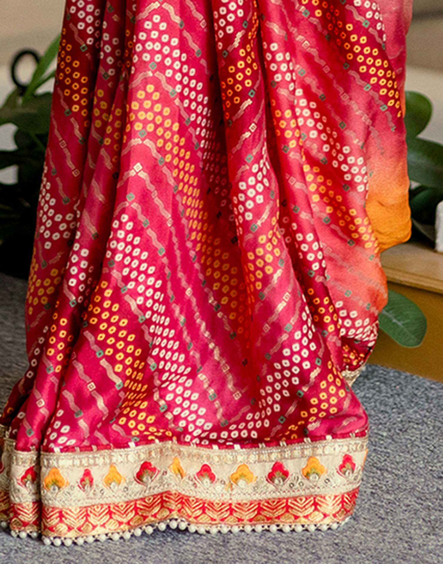 Orange Silk Printed Bandhani Saree