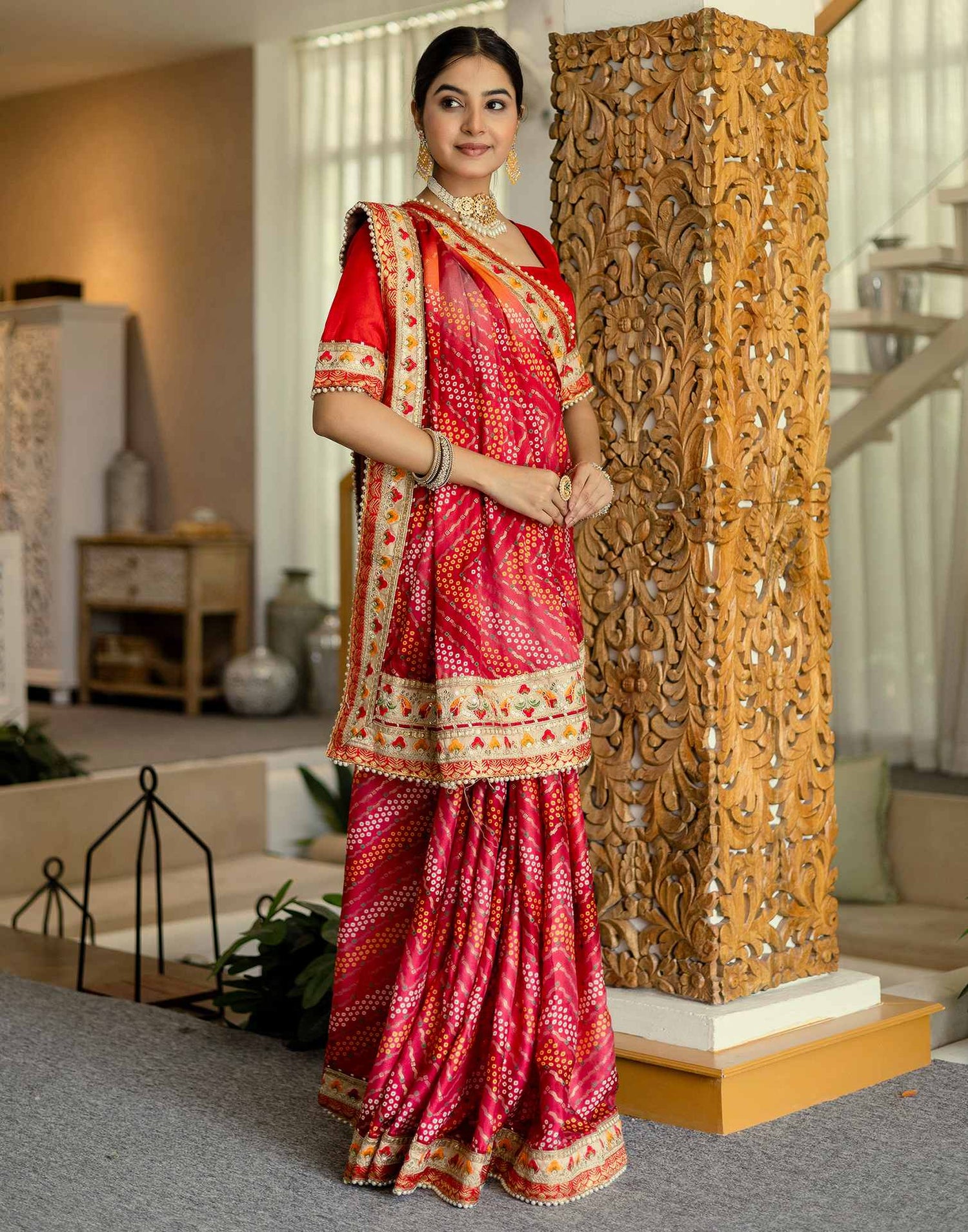 Orange Silk Printed Bandhani Saree