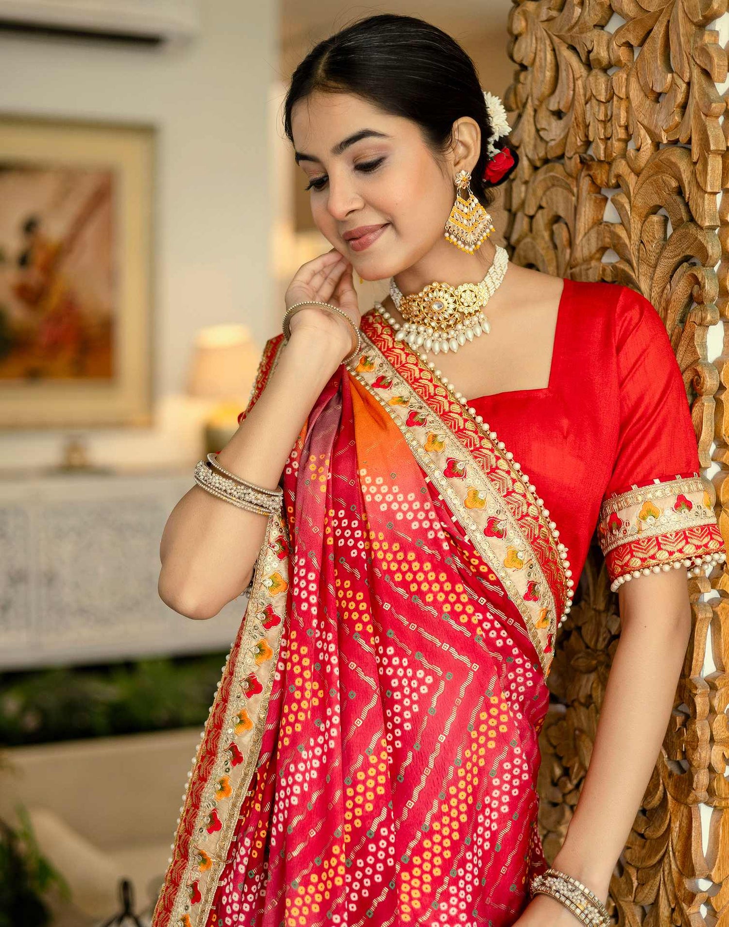 Orange Silk Printed Bandhani Saree