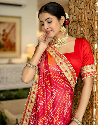 Orange Silk Printed Bandhani Saree