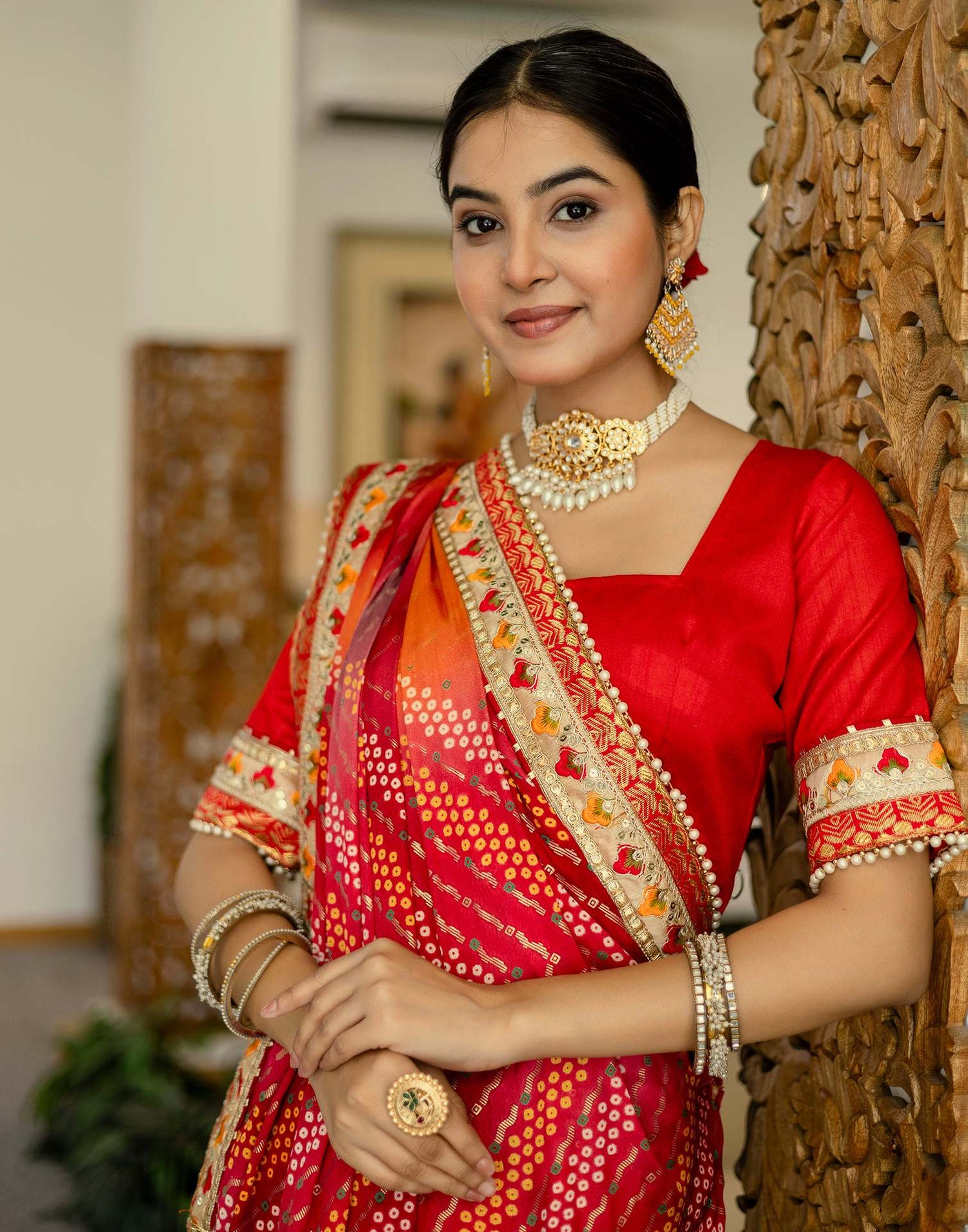 Orange Silk Printed Bandhani Saree