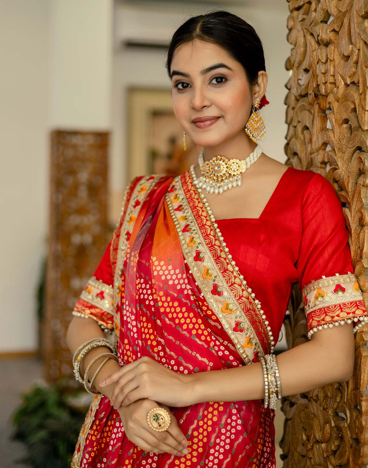 Orange Silk Printed Bandhani Saree