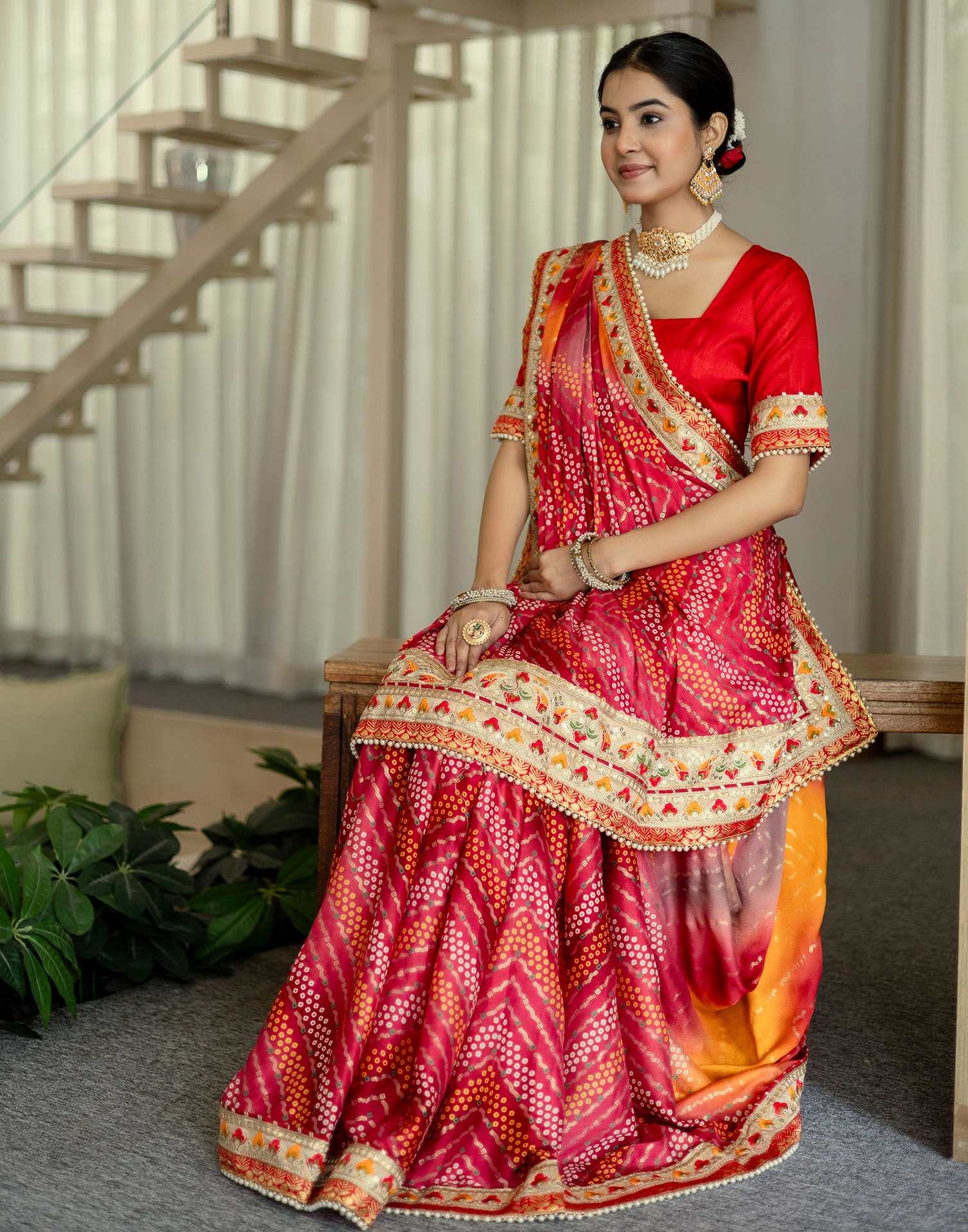 Orange Silk Printed Bandhani Saree