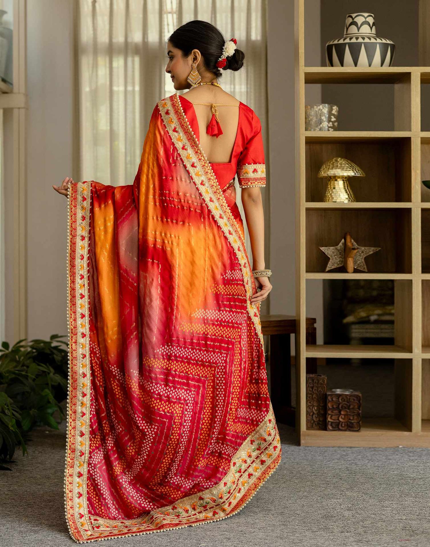Orange Silk Printed Bandhani Saree