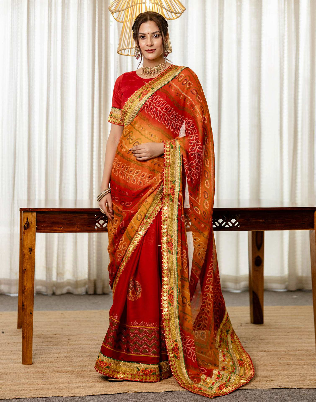 Red Chiffon Printed Bandhani Saree