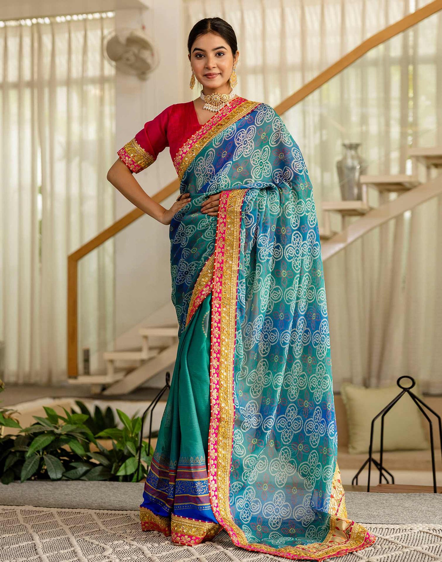 Teal Green Chiffon Printed Bandhani Saree