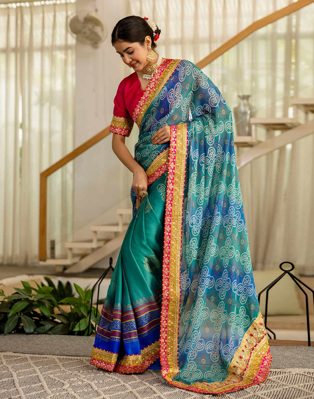 Teal Green Chiffon Printed Bandhani Saree