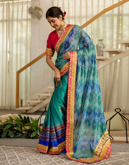 Teal Green Chiffon Printed Bandhani Saree