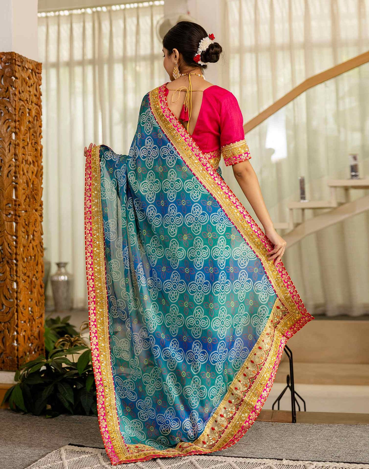 Teal Green Chiffon Printed Bandhani Saree
