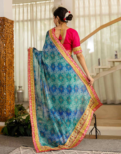 Teal Green Chiffon Printed Bandhani Saree