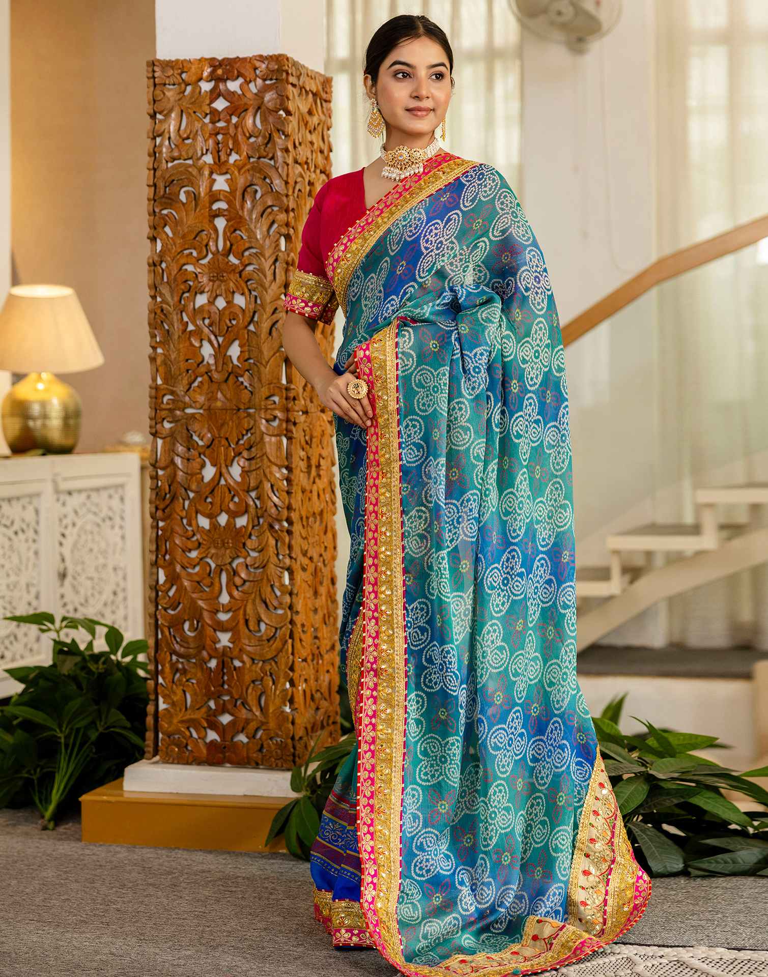 Teal Green Chiffon Printed Bandhani Saree