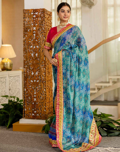 Teal Green Chiffon Printed Bandhani Saree