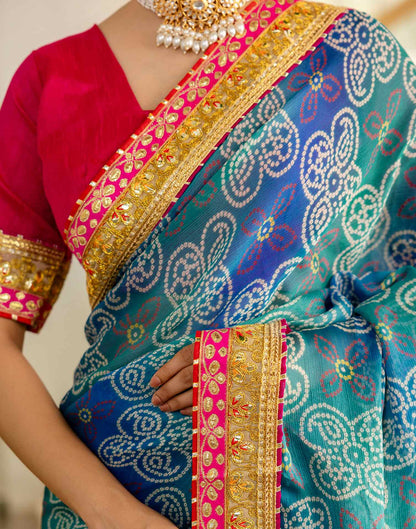 Teal Green Chiffon Printed Bandhani Saree