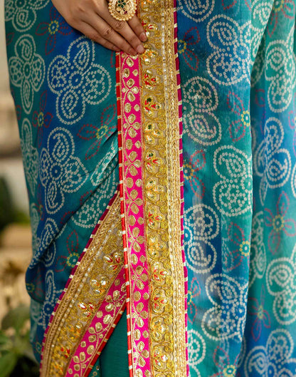 Teal Green Chiffon Printed Bandhani Saree