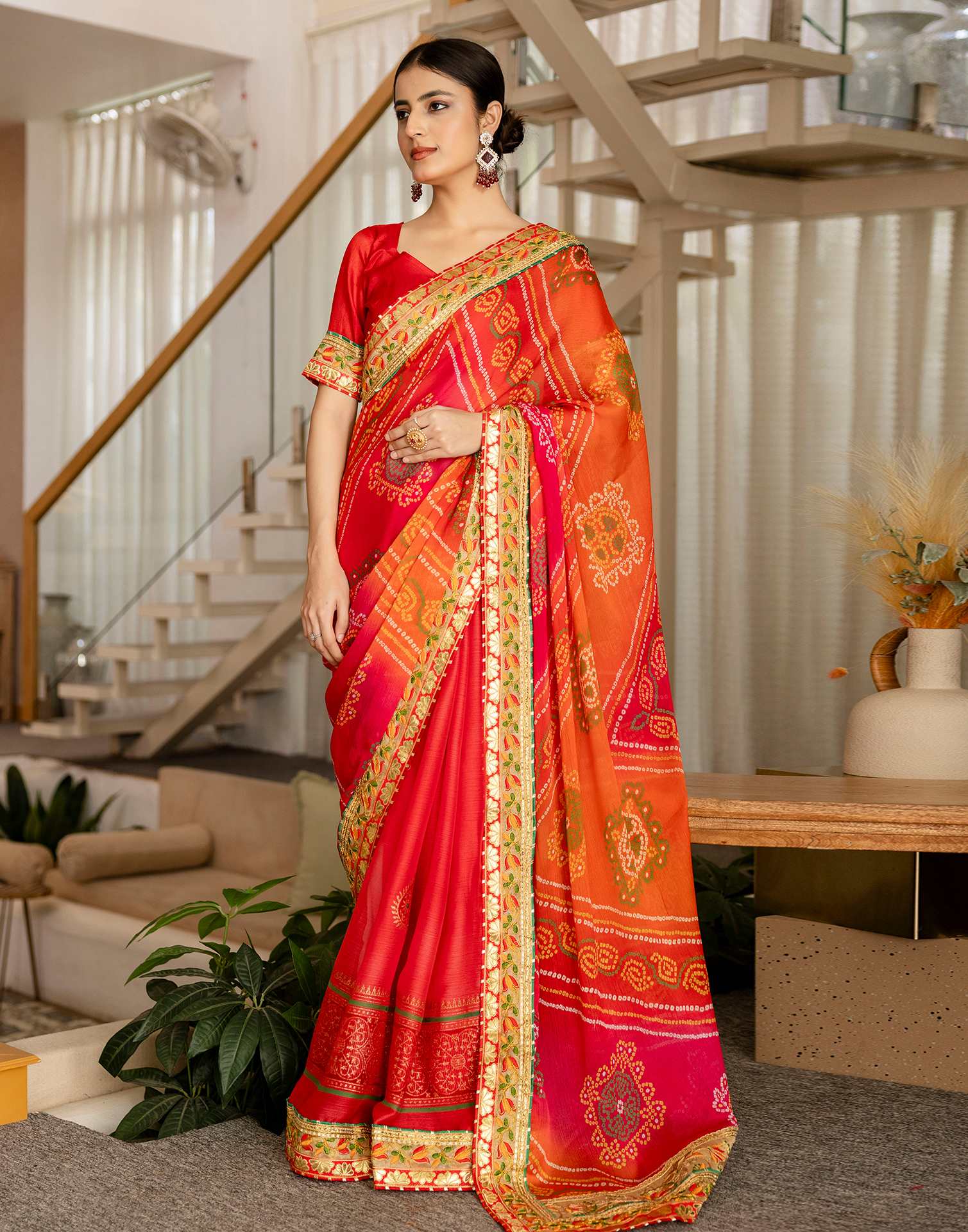 Coral Red Chiffon Printed Bandhani Saree