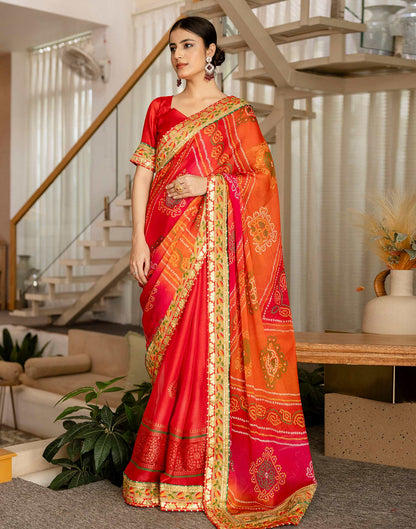 Coral Red Chiffon Printed Bandhani Saree
