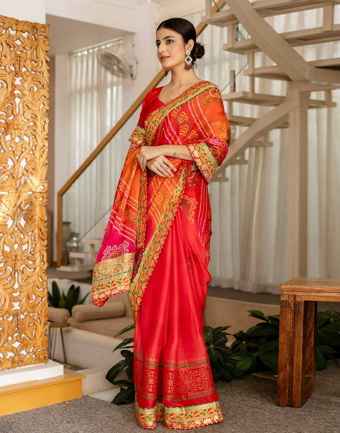 Coral Red Chiffon Printed Bandhani Saree